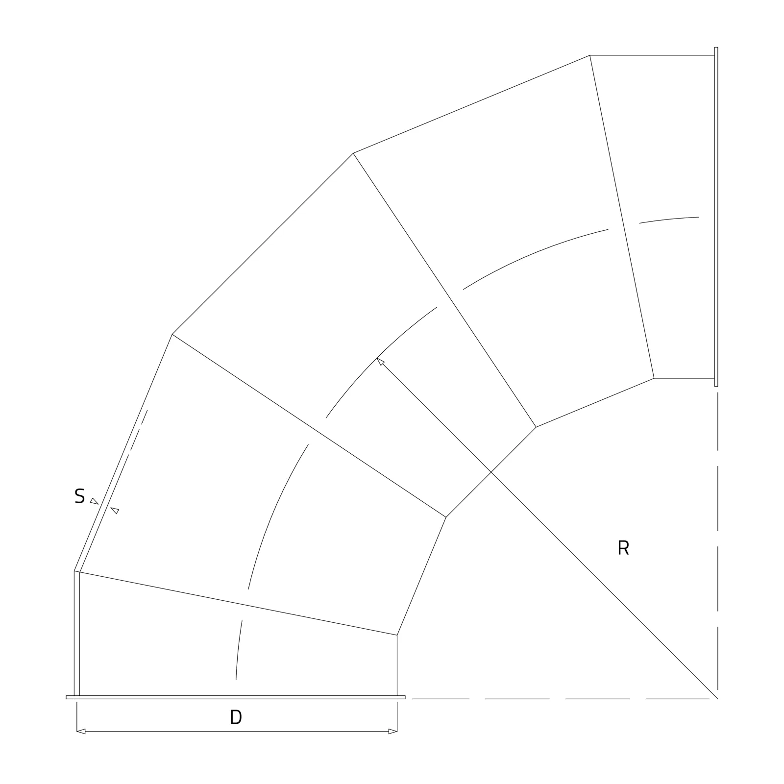Målskisse for kanalbend med diameter D, radius R og godstykkelse S